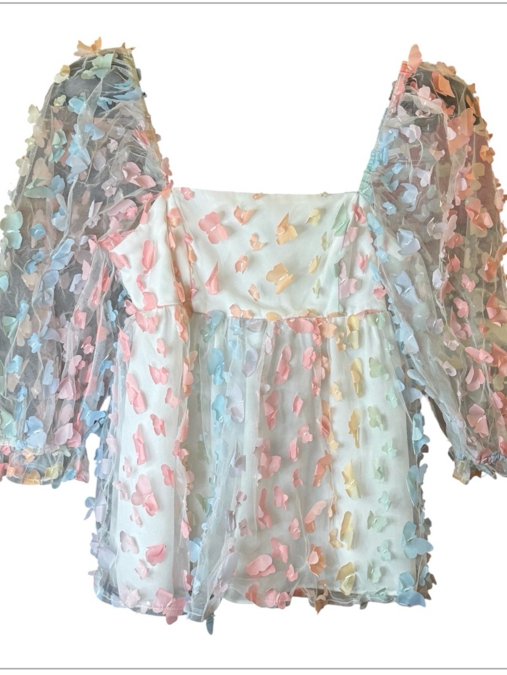 Storia White Sheer Puff-Sleeve Top with Pastel Butterfly Appliqués